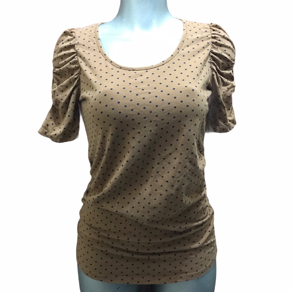 Papaya Maternity Top Polka Dot Brown Pregnancy Ruched Sleeves Stretch Size 12 L